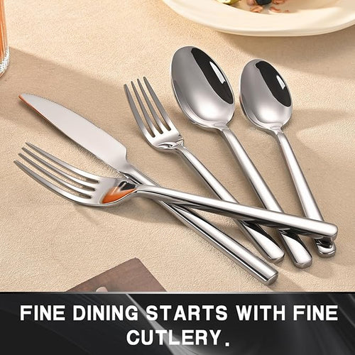 40-Piece Silverware Set, Heavy-Duty Stainless Steel Flatware Set for 8, Cutlery Set with Modern Round Handle, Mirror Polished Silverware for Home, Wedding, Restaurant, Dishwasher Safe