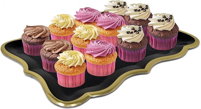 Gift Boutique 10 Black Rectangle Trays with Gold Rim Border for Dessert Display Table Parties 9" X 13" Disposable Paper Cardboard for Platters Cupcake Displays Birthday Party Weddings Food Safe