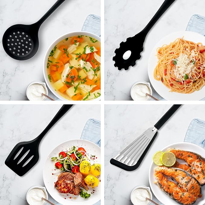 Silicone Kitchen Utensils Set, 8 PCS Heat Resistant Non Stick Cooking Tools, Silicone Spatula/Turner/Serving Spoon/Soup Ladle/Slotted Spoon/Pasta Server/Skimmer/Fish Spatula (Black)
