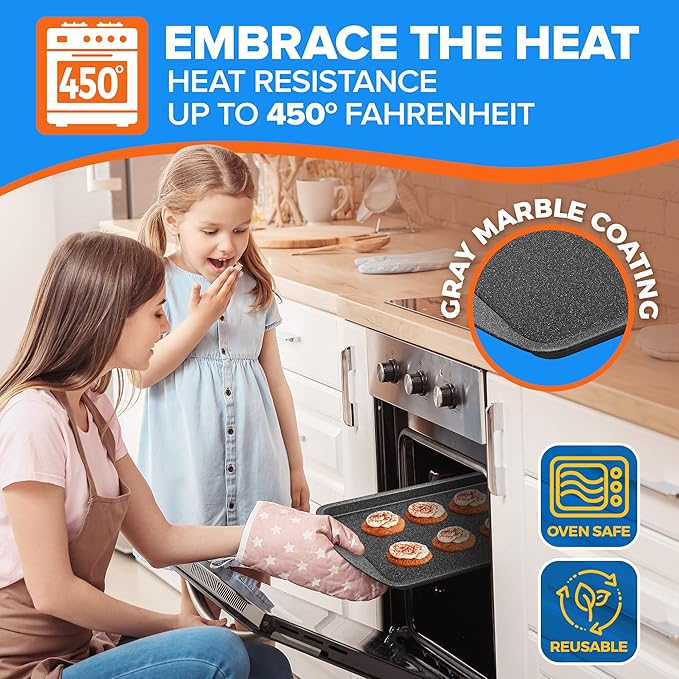 Stackable Baking Pan Set - Deluxe Nonstick Gray Marble Coating, Carbon Steel Bakeware Sets, PFOA, PFOS, PTFE Free, Recipe Booklet Included, Oven Safe (Up to 450°F), Set of 7