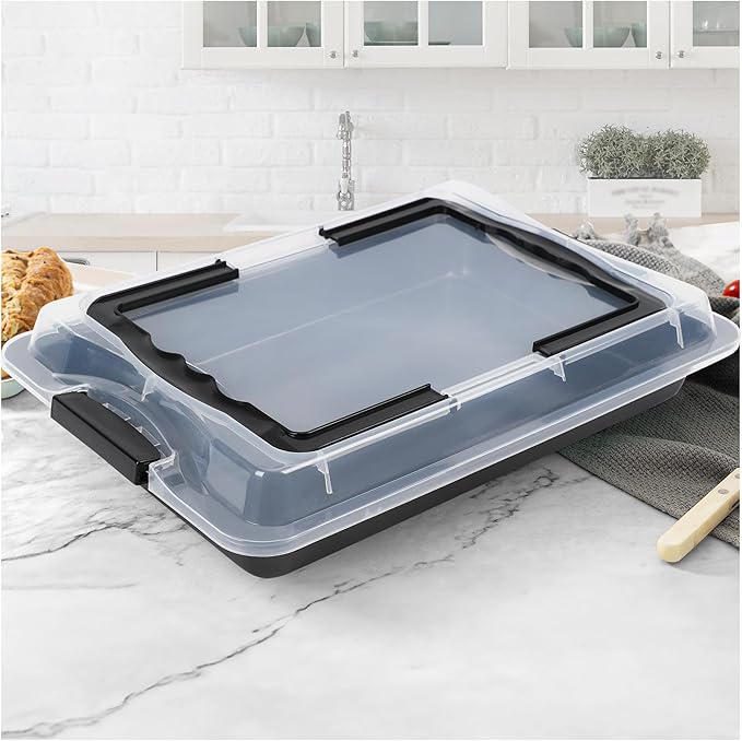 Sheet Cake Pan with Lid, 15"×10"×2" Deep Jelly Roll Pan, Non-Stick Ceramic Coating Baking Pan, Oven Safe 450°F, PFOA & PTFE Free, Bake & Carry for Texas Sheet Cake, Brownies, Potluck (Black)