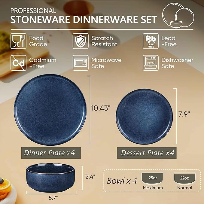 Herogo 12 Pieces Dinnerware Sets Stoneware Service for 4, Dinner Plates and Bowls Sets, Double Reactive Glaze Dishes Set for Kitchen, Scratch Resistant, Microwave & Dishwasher Safe, Starry Blue