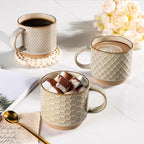 GBhome 12OZ Stackable Coffee Mugs, Ceramic Coffee Mugs with Texture Patterns for Man,Woman,Dad,Mom, Modern Coffee Mugs Set of 4 for Latte/Cappuccino/Cocoa. Dishwasher&Microwave Safe, Pale Khaki