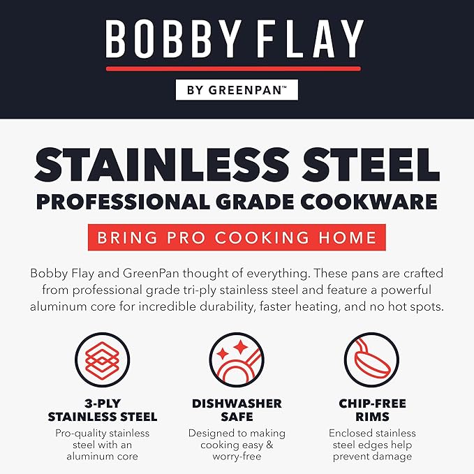 GreenPan x Bobby Flay Stainless Steel 8” & 10” Frying Pan Skillet Set, Professional Grade Tri-Ply, Multiclad, PFAS-Free Ceramic Nonstick, Induction Suitable, Dishwasher & Oven Safe, Stay Cool Handle