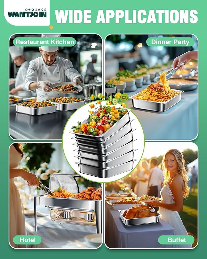 WantJoin Steam Table Hotel Pans 1/2 Half Size 4 Inch Deep 6 Pack, Stainless Steel Metal Tray Sets Food Storage Container for Restaurant Chafing Dishes Commercial Buffet Catering Supplies