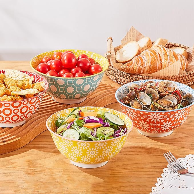 AntoKueh 23 OZ Colorful Large Ceramic Bowl Set of 6 6 inch Deep Porcelain Cereal Bowls for Salad, Soup, Snack and Rice，Dishwasher/Microwave safe