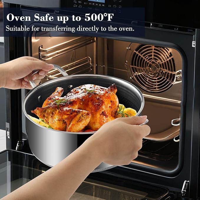 Hybrid Non Stick Pot Set 6 Pcs with 2 Silicone Trivets, 1.5, 2.5 QT Saucepan & 5.2 QT Stock Pot with Glass Lids, Stay-Cool Handles, Dishwasher Safe, Induction Ready, Compatible All Cooktops
