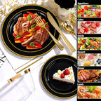 GATHER 700PCS Black Plastic Plates - Gold Disposable Plastic Dinnerware Set Include 200 6.3inch/9inch Black Plates, 300 Silverware, 100 Napkins, 100 Cups for Party & Wedding & Birthday