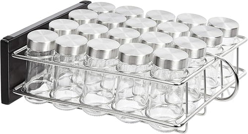 Amazon Basics 20 Jars Spice Rack Organizer, Space-Saving Kitchen Organizer with Glass Spice Jars, Sturdy, Silver