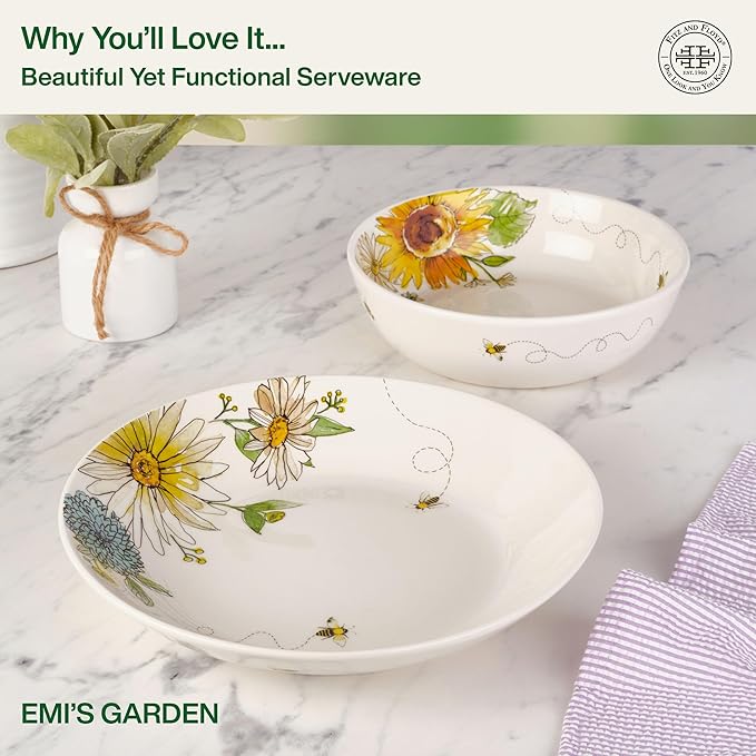 Fitz and Floyd Emi's Garden Floral Set of 2 Serving Bowls, 10.5 Inch, 8.5 Inch