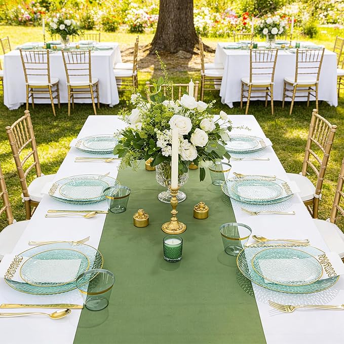 DaYammi 350 Pcs Clear Green Gold Plastic Plates, Hammered Disposable Dinnerware, Clear Green Plates Set Include 100 Plastic Platos, 150 Gold Disposable Silverware, 50 Cups and 50 Napkins for Party