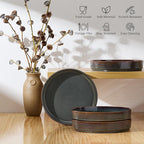 E-far Pasta Bowls Set of 4, 35oz Large Salad Bowl Plate for Dinner Serving, Wide & Shallow Ceramic Stoneware Pasta Plates, Microwave & Dishwasher Safe, Reactive Glaze Textured Stripes, Blackish Green