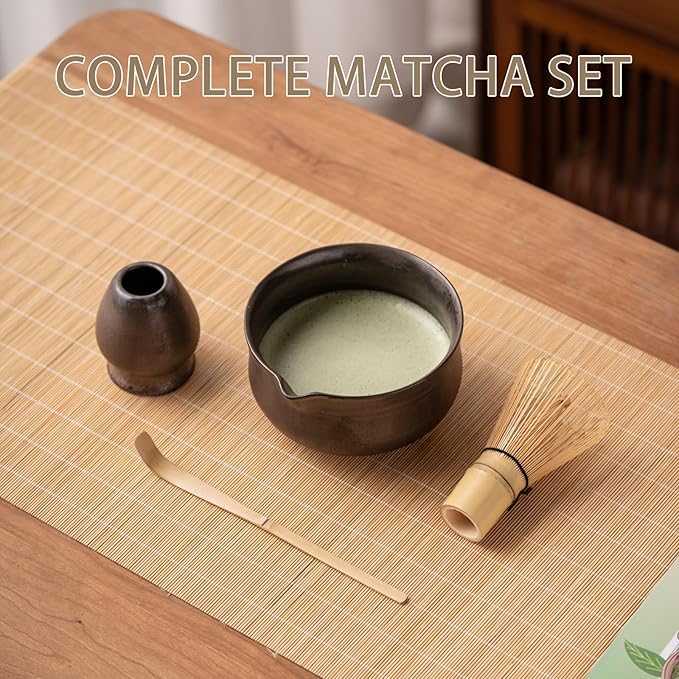 Matcha Set, Japanese Tea Set Includes Matcha Bowl with Spout, Matcha Whisk Holder (chasen), Bamboo Matcha Whisk and Bamboo Scoop, Ceramic Matcha Kit for Tea Lovers