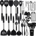 Silicone Cooking Utensils Set, NCUE 35 Pcs Kitchen Utensils Set with Holder, with Stainless Steel Handle Spatula Set, Spoons, Pasta Server, Cheese Grater, Masher, Scissors, Dishwasher Safe (Black)