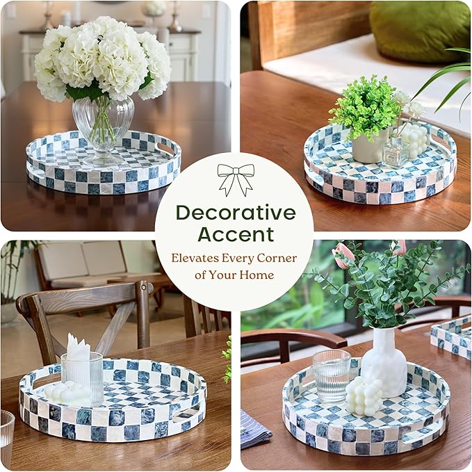 Chi An Home 12.6 Inch Round Capiz Shell Decorative Tray with Handles, Serving Tray for Coffee Table & Ottoman, Coffee Table Trays for Living Room, Kitchen, Bathroom (Navy Blue)