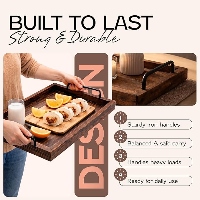 Besti Rustic Vintage Food Serving Trays (Set of 2) | Wooden Board w/Metal Handles | Stylish Farmhouse Decor Serving Platters | Small: 13.5" x 2 x 9.5, Large: 15.9" x 2" x 11.8" (Rustic Dark Brown)