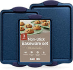 BAKKEN Kitchen Baking Pan Set - Nonstick Coating, Carbon Steel Bakeware Sets with Blue Silicone Handles, Baking Kitchen Essentials, PFOA, PFOS, PTFE Free, Oven Safe Tray (Up To 450° F), Set of 3