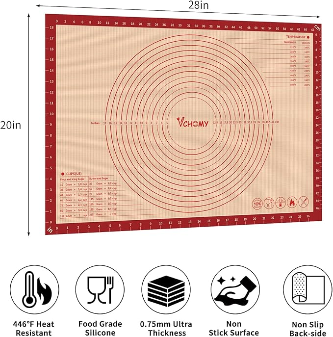 Extra Large Silicone Pastry Mat for Counter Rolling Dough,28x20 Inch,0.75mm Thick,Non Slip Silicone Baking Mat with Measurement(28 x 20 In,Red)
