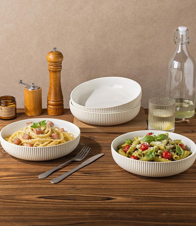 theterra 8.5'' Ceramic Pasta Bowls, Salad Bowls Set of 4, Stoneware Serving Bowls for Fruits, Noodle, Dinner, House-warming Wedding Present, Reactive White