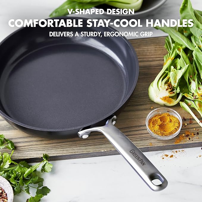 GreenPan 9.5” & 11” Ceramic Nonstick Frying Pan Skillet Set, PFAS-Free, Hard Anodized Cookware, Induction Compatible & All Cooktops, Dishwasher & Oven Safe, GP5 Stay-Flat Surface, Black