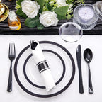 Liacere 350PCS - Clear Plates with Black Rim for 50Guests Dinnerware Include 100 Clear Plates disposable 150 Black Silverware 50 Napkins for Party & Graduation