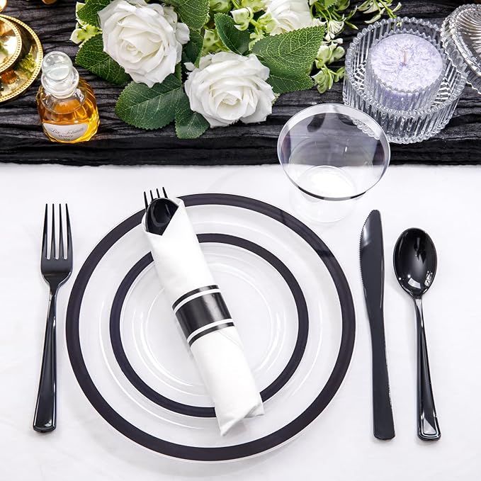 Liacere 350PCS - Clear Plates with Black Rim for 50Guests Dinnerware Include 100 Clear Plates disposable 150 Black Silverware 50 Napkins for Party & Graduation