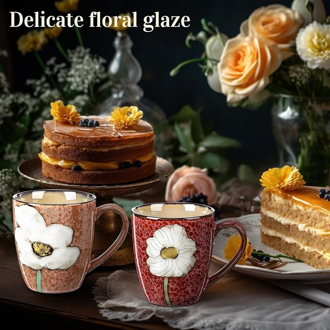Maxdot 2 Pcs 12oz Ceramic Coffee Mugs Sets Glazing Process Cappuccino Mug Floral Ceramic Tea Cups Mother's Day Idea Gift for Women Mom Porcelain Cup for Coffee, Cocoa, Tea, Latte (Vintage)