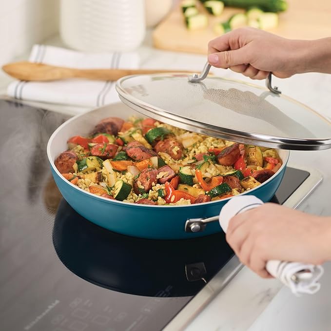 KitchenAid Hard Anodized Ceramic Induction Nonstick Cookware Frying Pan/Skillet with Lid, Dishwasher Safe, 12.25 Inch Non Stick Fry Pan with Stainless Steel Handle - Agave Blue