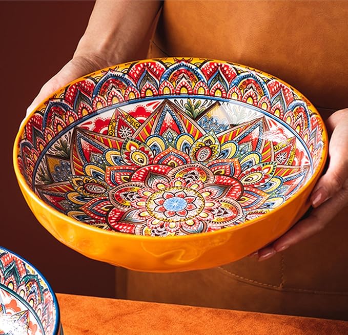 Boho Large Serving Bowls, 10.2 Inch Fruit Salad Bowls, Decorative Serving Dishes for Entertaining, 80 OZ Pasta Bowls Set of 2, Vibrant Colorful Soup Bowls for Party, Home Decor, Bohemian Style Gift