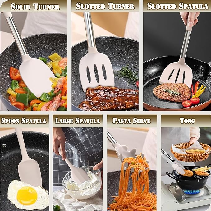 Umite Chef Silicone Kitchen Cooking Utensil Set, 43 pcs Spatula Set with Stainless Steel Handle, Non-stick Heat Resistant - Best Cookware Set-(Khaki)