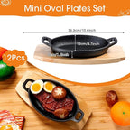 Mifoci 12 Pcs Mini Cast Iron Skillet with Wooden Base Small Cast Iron Fajita Plates Baker's Skillet Matte Black Pan Pot for Kitchen Restaurant Barbecue Dinner (8.7 x 4.7 x 1.6 Inches)