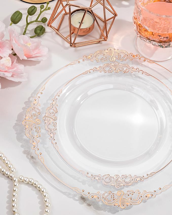 Nervure 350PCS Rose Gold Plastic Plates - Rose Gold Plastic Dinnerware Sets for 50 Guests - 100 Disposable Plates, 150 Silverware, 50 Cups, 50 Napkins Perfect for Wedding & Party & Easter