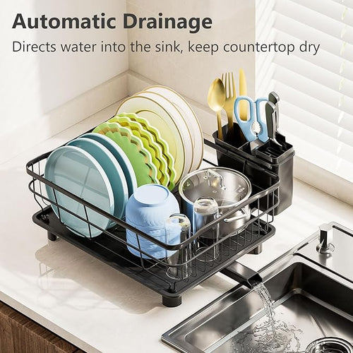 AIDERLY Iron Dish Drying Rack Auto Drain Dish Drainers Kitchen Counter Strainer with Draining Tray, All Black