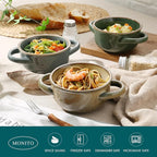 MONITO Ceramic Salad Bowl with Handles, 16 oz French Onion Soup Bowls, Ceramic Soup Bowls for Cereal, Pasta, Chilli, Beef Stew, Stackable Serving Bowl Set of 4 (16 OZ)