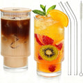 2 Pack Glass Cups with Lids and Straws, 16oz Ribbed Drinking Glasses Tumblers Durable Drinkware Water Glasses Cup Ideal Gift for Home, Kitchen, Office