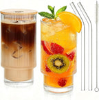 2 Pack Glass Cups with Lids and Straws, 16oz Ribbed Drinking Glasses Tumblers Durable Drinkware Water Glasses Cup Ideal Gift for Home, Kitchen, Office