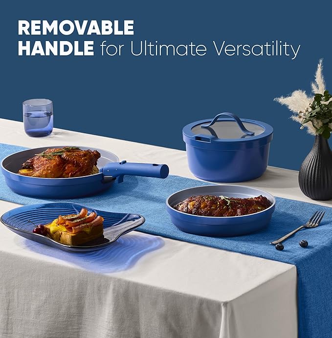 CAROTE 9pcs Pots and Pans Set,Ceramic Cookware Sets Non Stick with Detachable Handle, Induction Kitchen Pots and Pans,RV Cooking Set, Oven/Dishwasher/Fridge Safe, Malta Blue