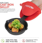 Modern Innovations Mini Black Cast Iron Skillet Set with Silicone Mitt (4 Count) - 3.5 Inch Pans, Pre Seasoned Small Skillets for Baked Cookie/Brownie or Cooked Eggs