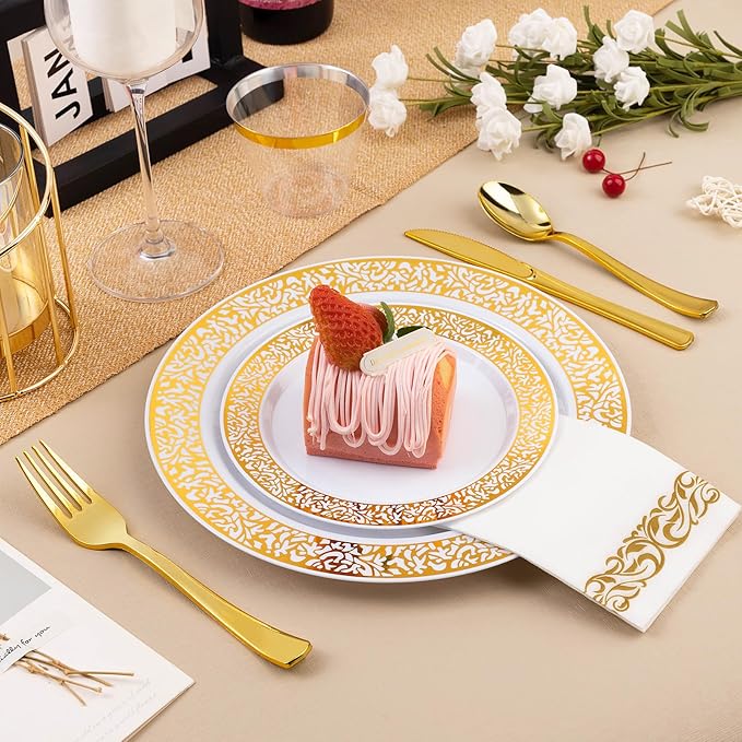 Bestluck 700PCS Gold Plastic Dinnerware Set for 100 Guests, Disposable Plates for Party, Include 100 Gold Dinner Plates, 100 Dessert Plates, 100 Set Silverware, 100 Cups, 100 Napkins