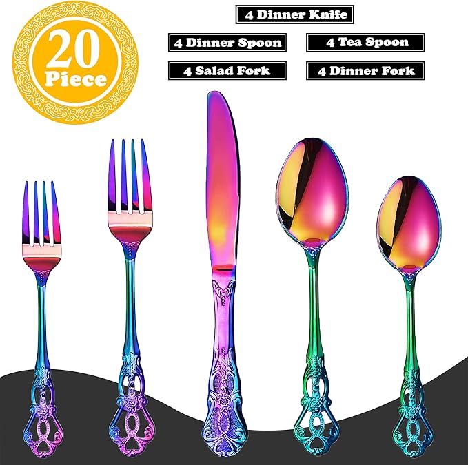 Runfly Gorgeous Retro Royal Rainbow Stainless Steel 20 Pieces Flatware Set, Multicolour Silverware Set, Anti-rust Stainless Steel dark Cutlery Set Utensils Including Fork Spoon and Knife