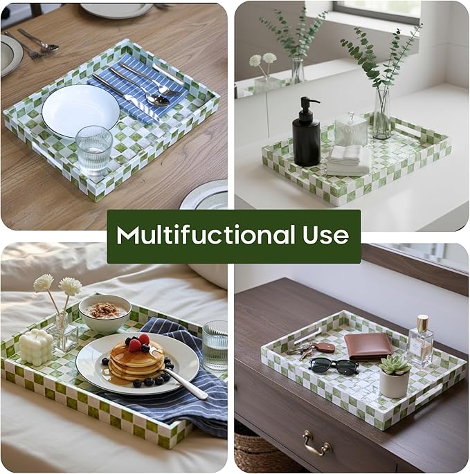 CHI AN HOME 15.8" x 11.8" Decorative Rectangular Tray with Natural Capiz Shells, Checkered Tray with Handles, Serving Tray for Ottoman, Coffee Table, Kitchen Counter Home Decor (Pistachio Green)