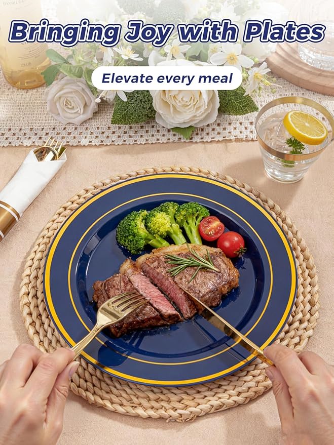 WDF Partyware 350PCS Navy Blue and Gold Plastic Plates with Rolled Napkins Include Dinner Plate 10’’, Dessert Plate 7’’, gold Cups 9 OZ, Pre Rolled Napkins for Birthday/Wedding/Party/Graduation