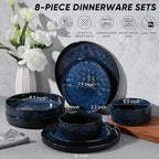 E-far 8-Piece Plates and Bowls Sets with Pasta Bowls - Stoneware Dinnerware Set for 2, Modern Ribbed Dishes, Microwave & Dishwasher Safe, Starry Blue