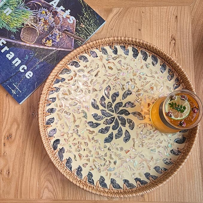 Terrekraft 14" Large Rattan Serving Tray with Mother of Pearl, Round Coffee Table Tray Decor, Boho Decorative Hand-Woven Wicker Home Decor (Lucky Flower)