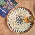 Terrekraft 14" Large Rattan Serving Tray with Mother of Pearl, Round Coffee Table Tray Decor, Boho Decorative Hand-Woven Wicker Home Decor (Lucky Flower)