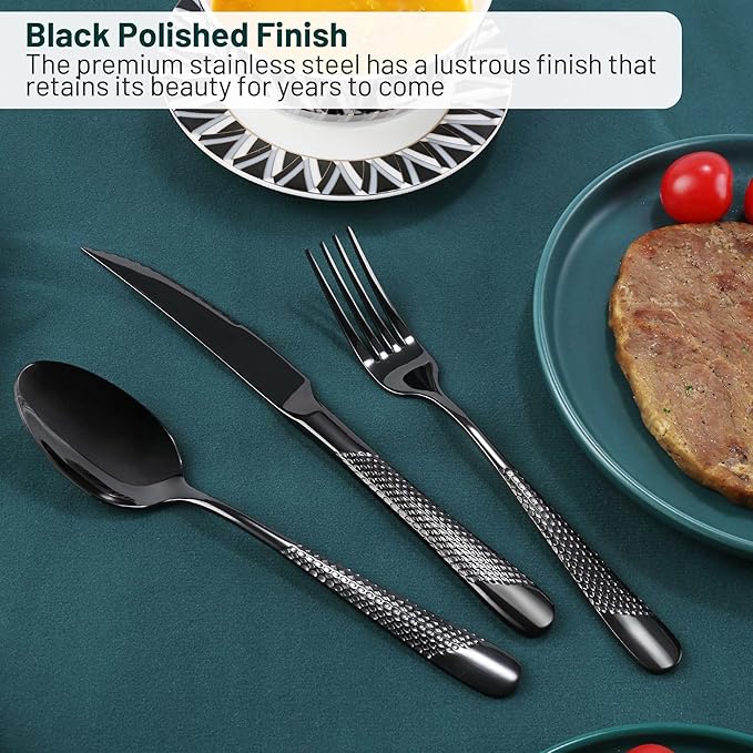 Black Silverware Set, PUREAIN 30 Pieces Black Hammered Flatware Set for 6, Mirror Polished Stainless Steel Cutlery Set for Home, Kitchen, Restaurant and Hotel, Dishwasher Safe