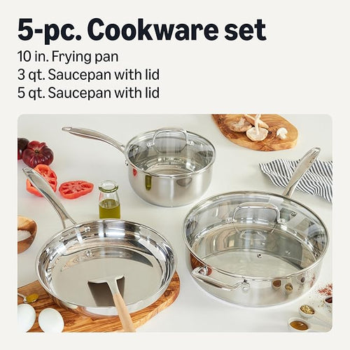 Amazon Basics Stainless Steel Cookware Set, 5-Piece, All Cooktop Friendly, Dishwasher-Safe, Induction Compatible