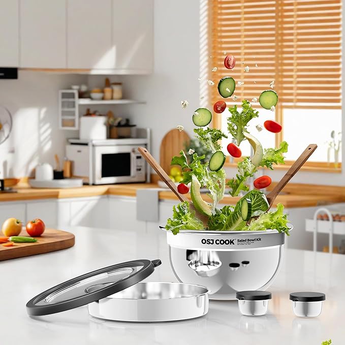 18/8 Stainless Steel Salad Bowl Kit - 74oz, Salad Bowls to go for Lunch, Comes with 1.7oz Condiment Container and Removable Tray for Organization - Leak-Proof, Dishwasher Safe (Mirror)