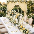 GATHER 350PCS Clear Gold Plastic Plates - Disposable Gold Dinnerware Sets Includes 100 Gold Rim Plastic Plates, 150 Silverware, 50 Napkins, 50 Cups for Party, Wedding
