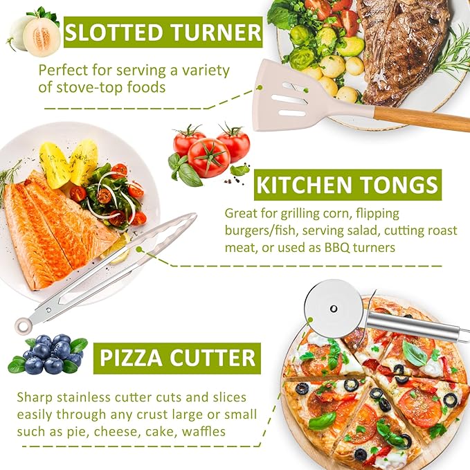 Kitchen Cooking Utensil Set, Fungun 35 pcs Cooking Utensils - Nonstick Kitchen Utensils Cookware Set Spatula Set -Kitchen Gadgets Utensils Set, Kitchen Tools Gift-khaki